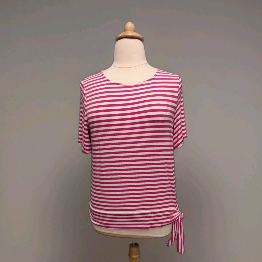 Talbots Pink White Stripe Tie Front Hem Short Flutter Sleeve Knit Top XL